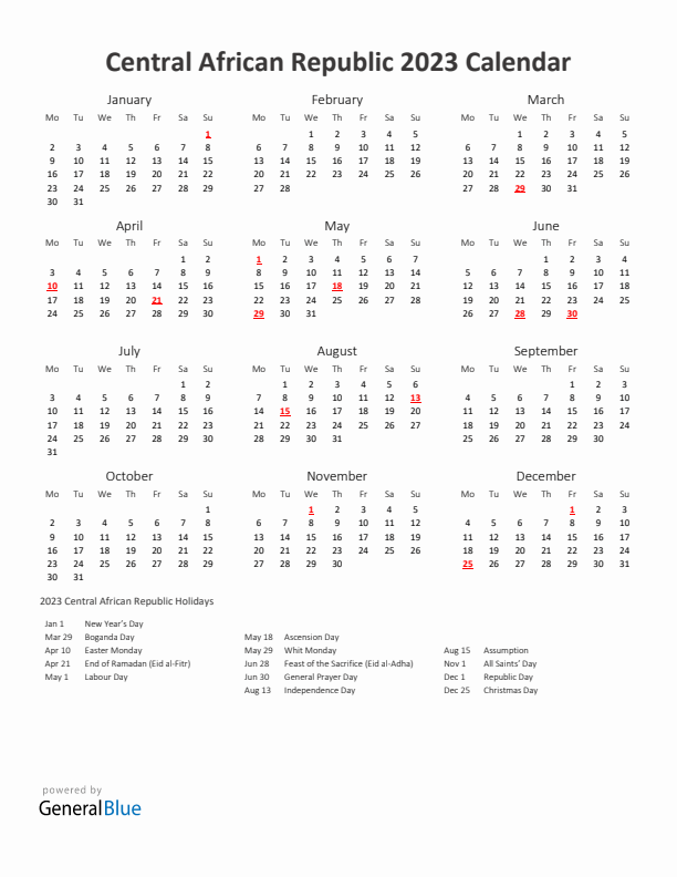 2023 Yearly Calendar Printable With Central African Republic Holidays