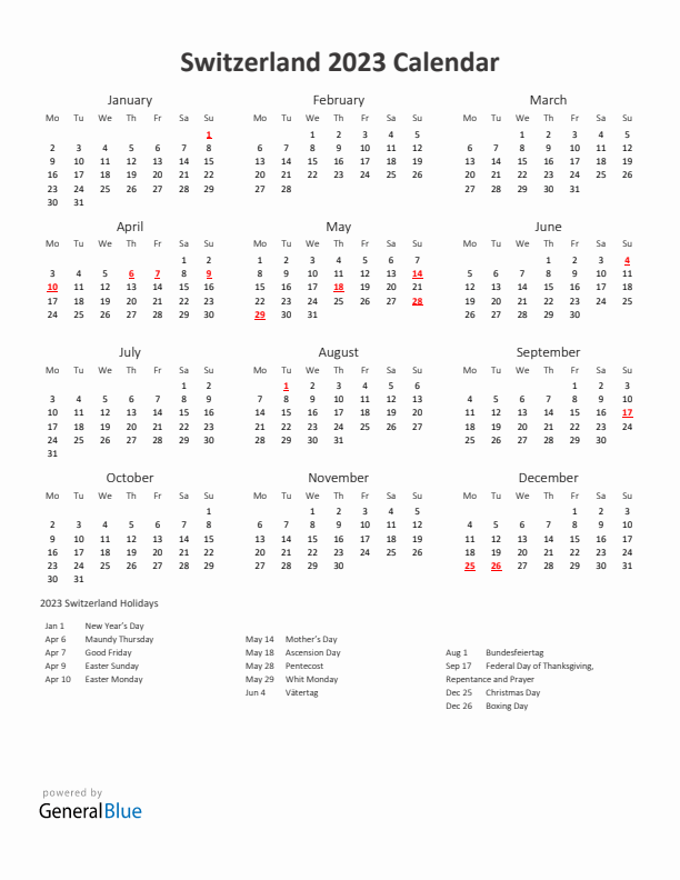 2023 Yearly Calendar Printable With Switzerland Holidays