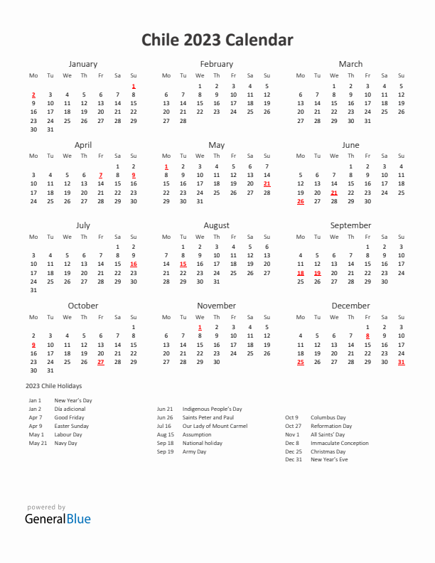 2023 Yearly Calendar Printable With Chile Holidays