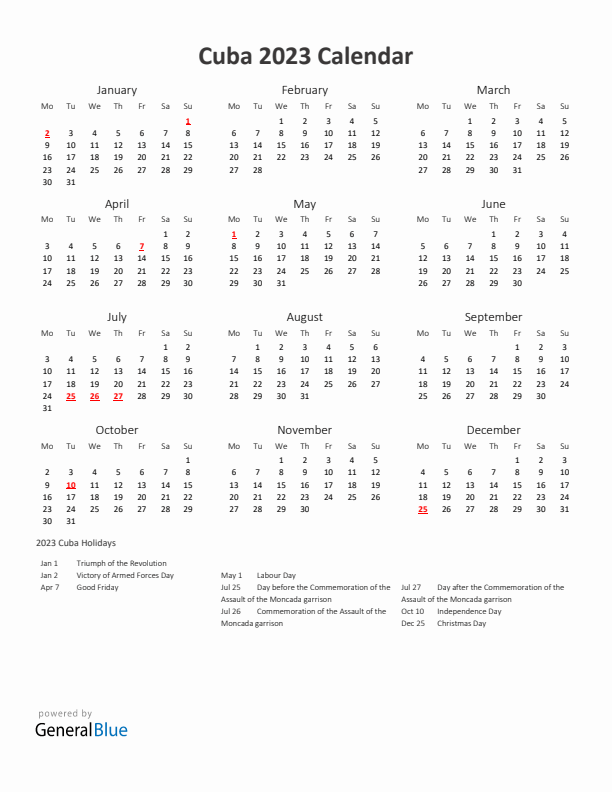 2023 Yearly Calendar Printable With Cuba Holidays