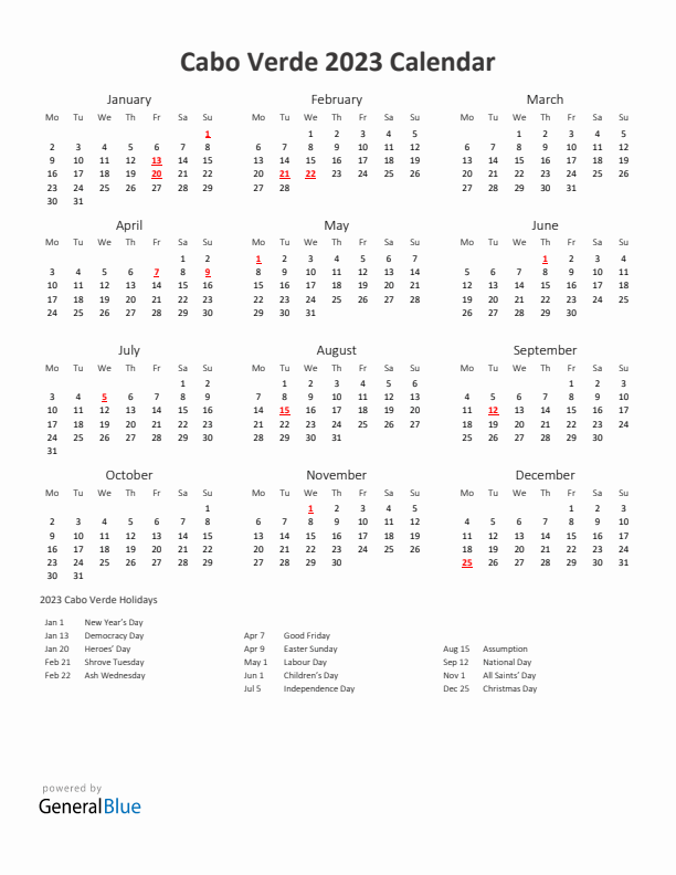 2023 Yearly Calendar Printable With Cabo Verde Holidays