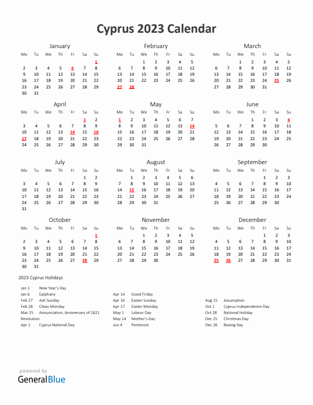 2023 Yearly Calendar Printable With Cyprus Holidays