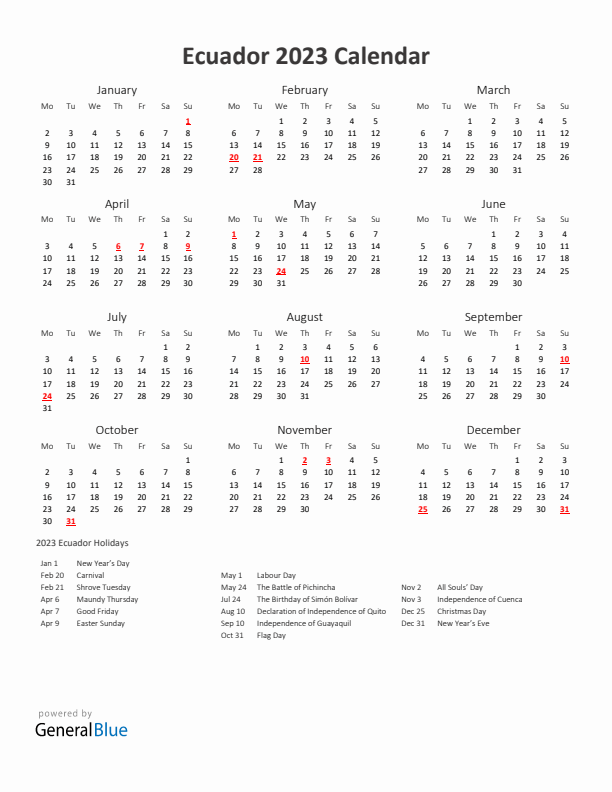 2023 Yearly Calendar Printable With Ecuador Holidays