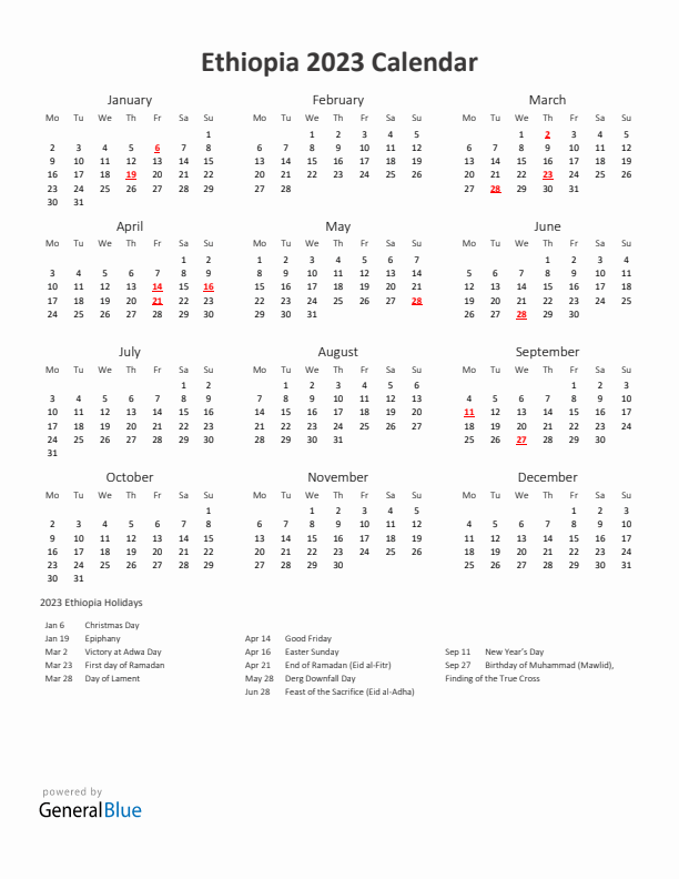 2023 Yearly Calendar Printable With Ethiopia Holidays