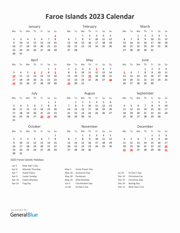 2023 Yearly Calendar Printable With Faroe Islands Holidays