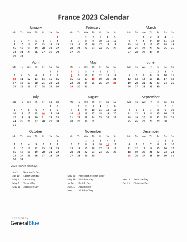 2023 Yearly Calendar Printable With France Holidays