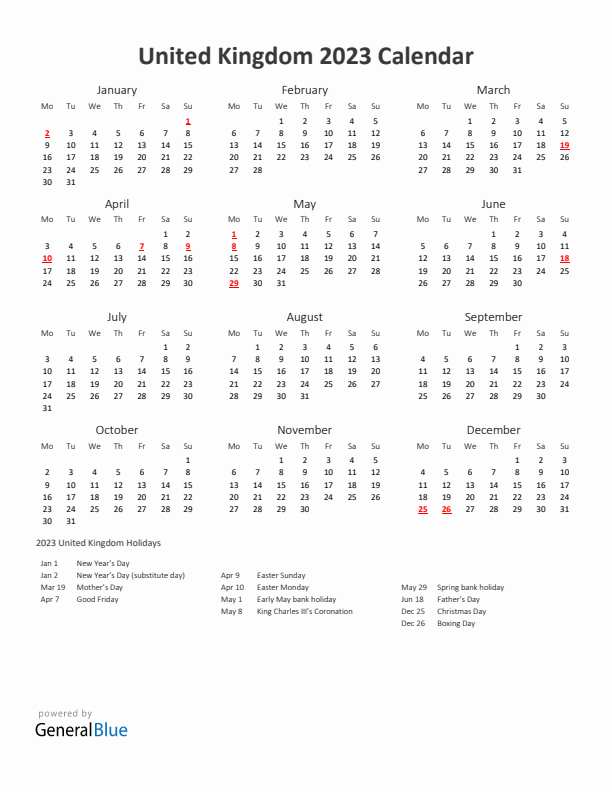 2023 Yearly Calendar Printable With United Kingdom Holidays