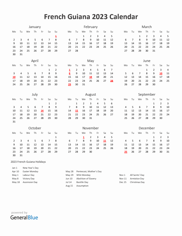 2023 Yearly Calendar Printable With French Guiana Holidays