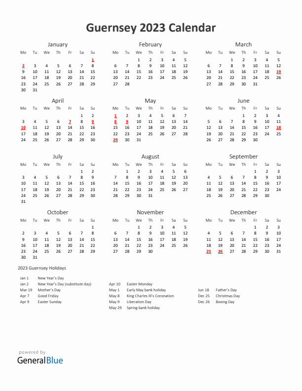 2023 Yearly Calendar Printable With Guernsey Holidays