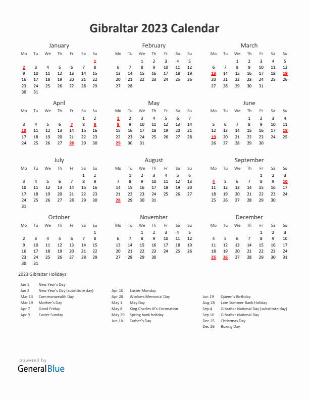 2023 Yearly Calendar Printable With Gibraltar Holidays