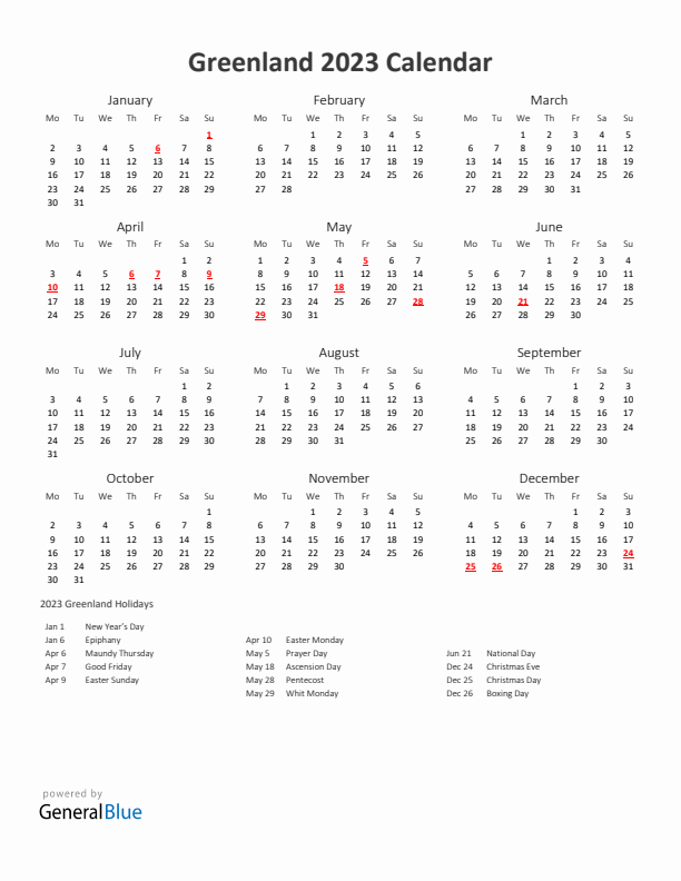 2023 Yearly Calendar Printable With Greenland Holidays