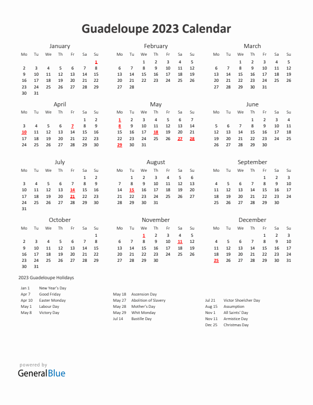 2023 Yearly Calendar Printable With Guadeloupe Holidays