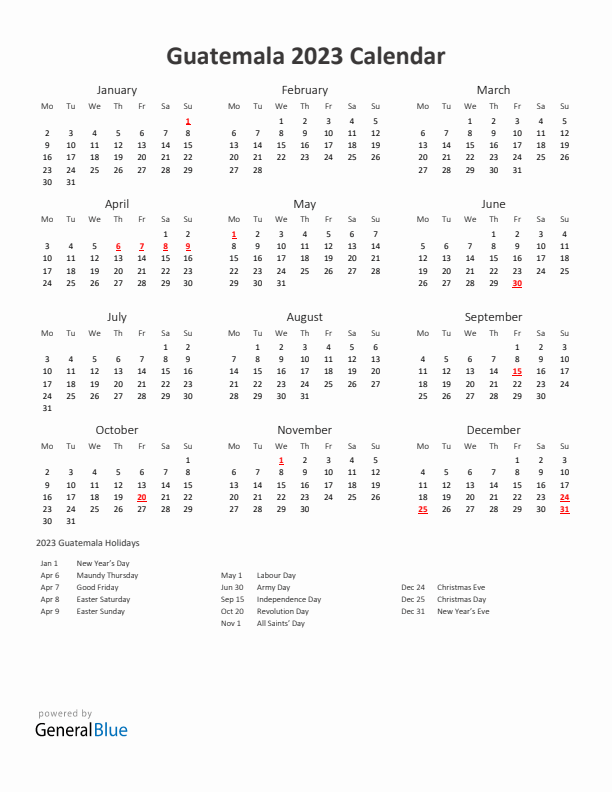 2023 Yearly Calendar Printable With Guatemala Holidays