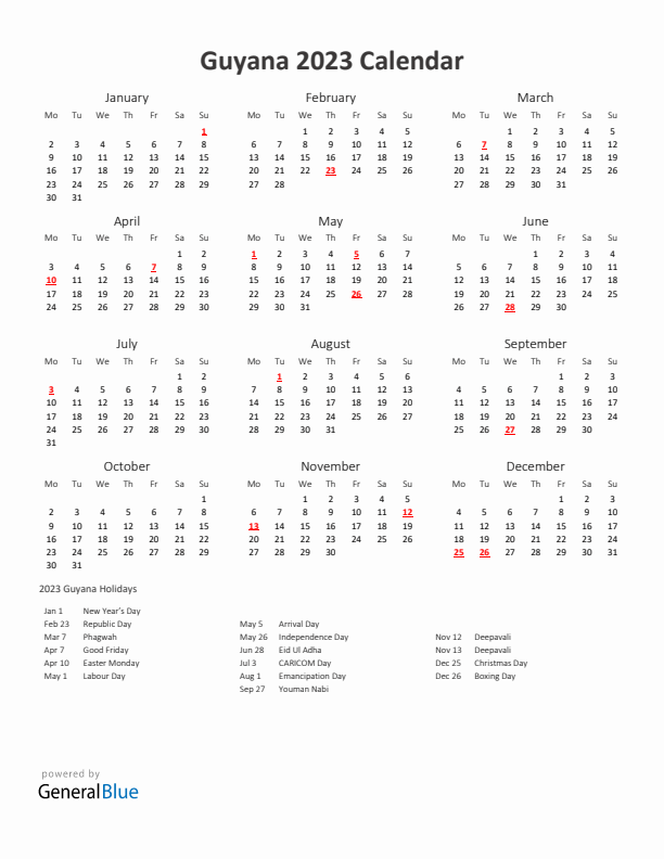 2023 Yearly Calendar Printable With Guyana Holidays