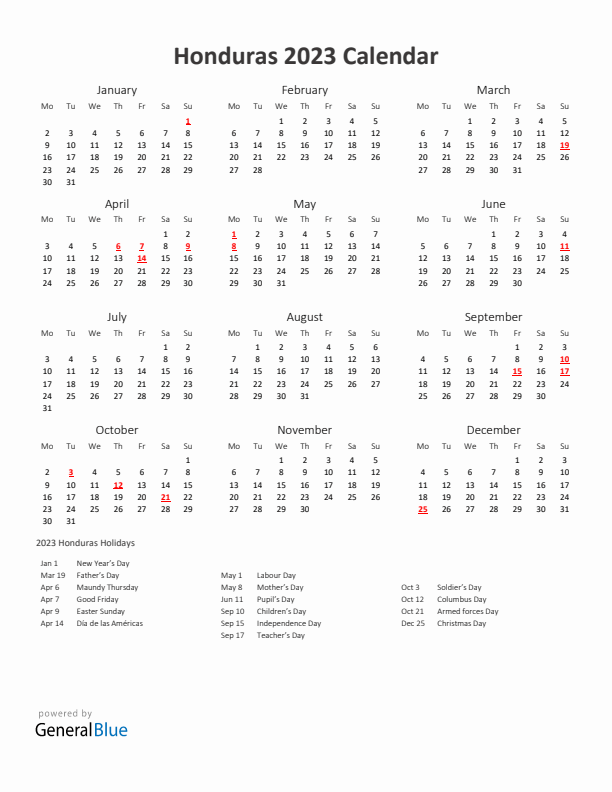 2023 Yearly Calendar Printable With Honduras Holidays