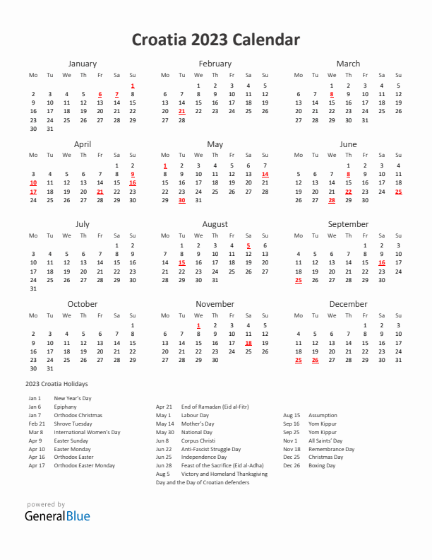 2023 Yearly Calendar Printable With Croatia Holidays