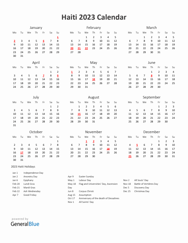 2023 Yearly Calendar Printable With Haiti Holidays