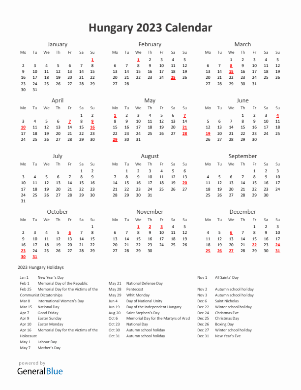 2023 Yearly Calendar Printable With Hungary Holidays