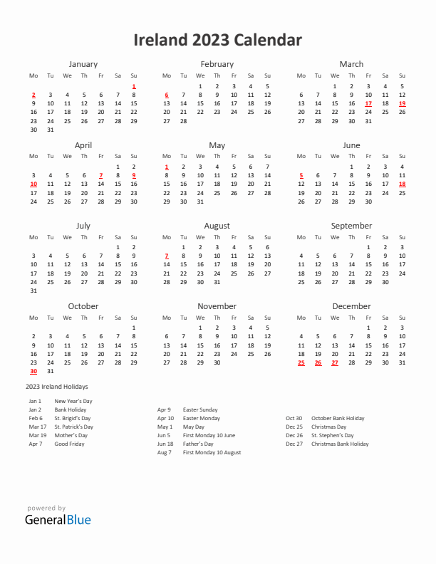 2023 Yearly Calendar Printable With Ireland Holidays