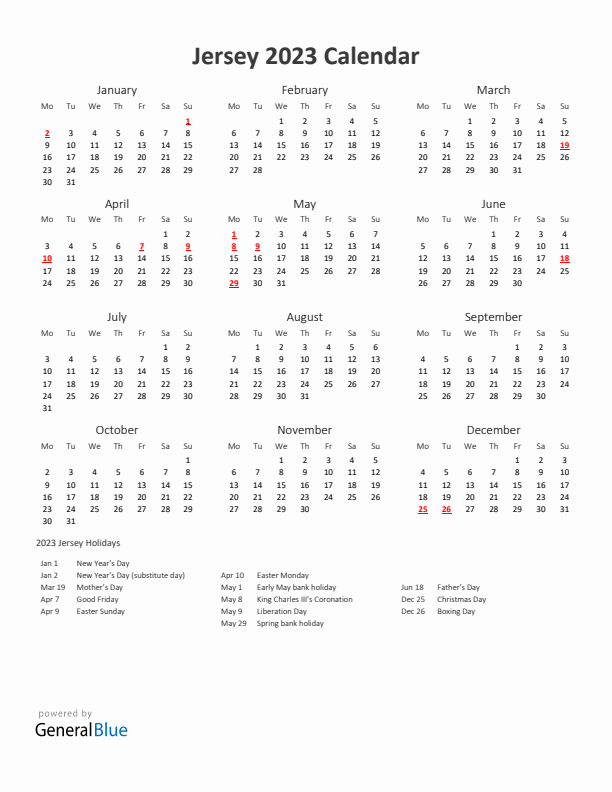 2023 Yearly Calendar Printable With Jersey Holidays