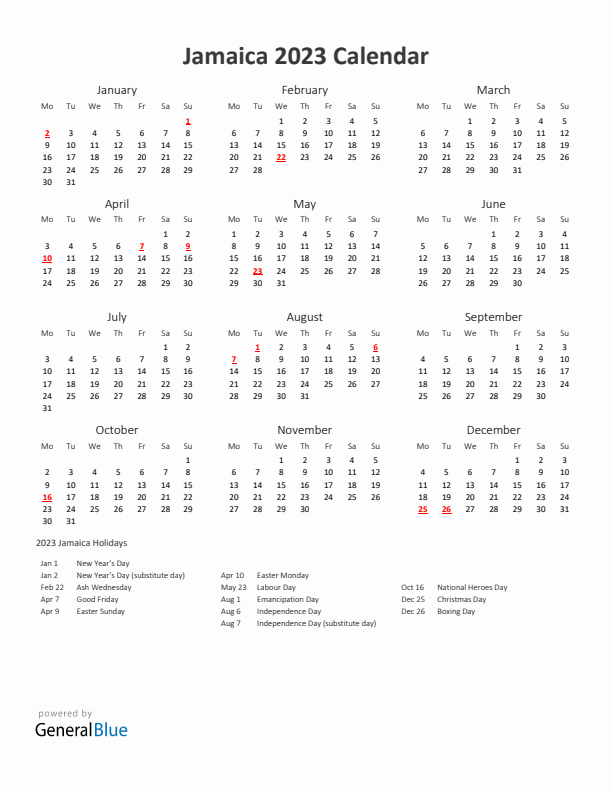 2023 Yearly Calendar Printable With Jamaica Holidays