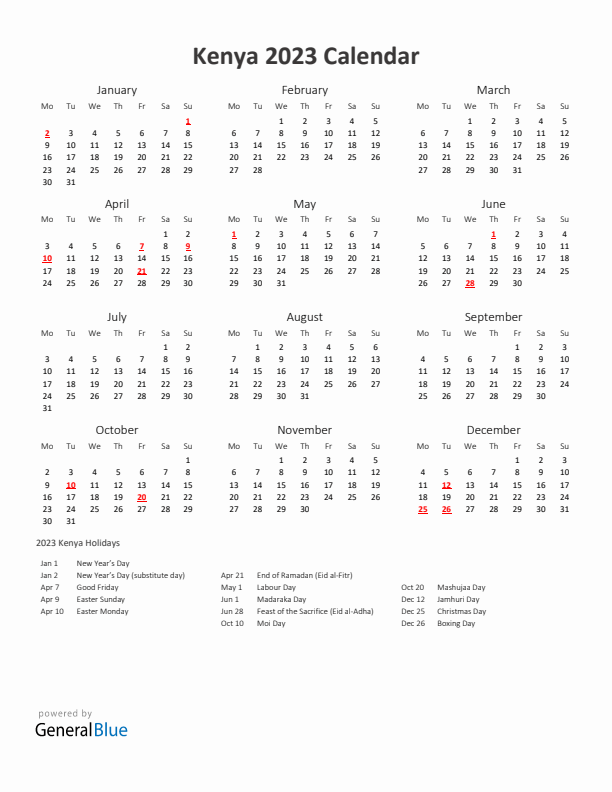 2023 Yearly Calendar Printable With Kenya Holidays