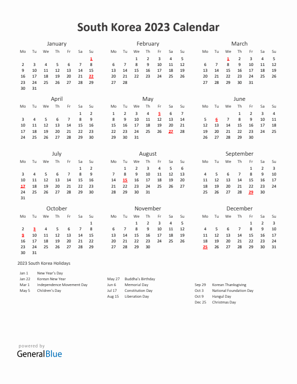 2023 Yearly Calendar Printable With South Korea Holidays