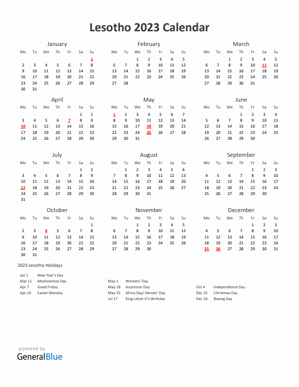 2023 Yearly Calendar Printable With Lesotho Holidays