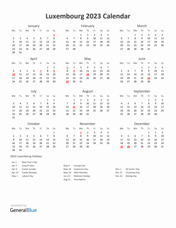 2023 Yearly Calendar Printable With Luxembourg Holidays