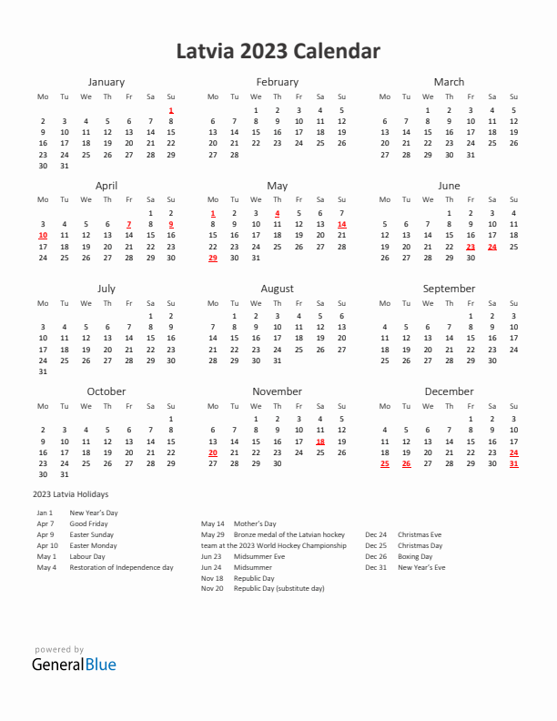 2023 Yearly Calendar Printable With Latvia Holidays