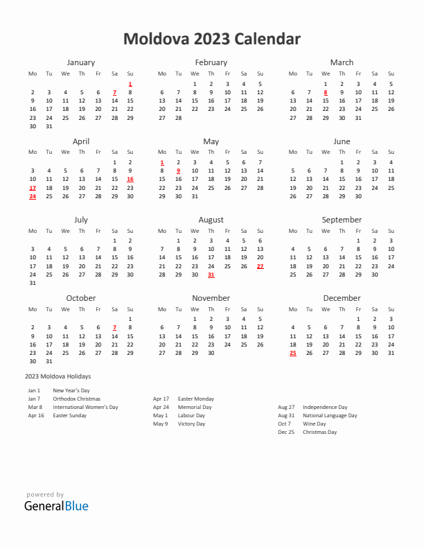 2023 Yearly Calendar Printable With Moldova Holidays