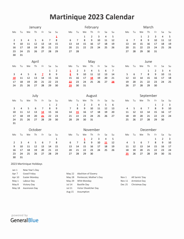 2023 Yearly Calendar Printable With Martinique Holidays