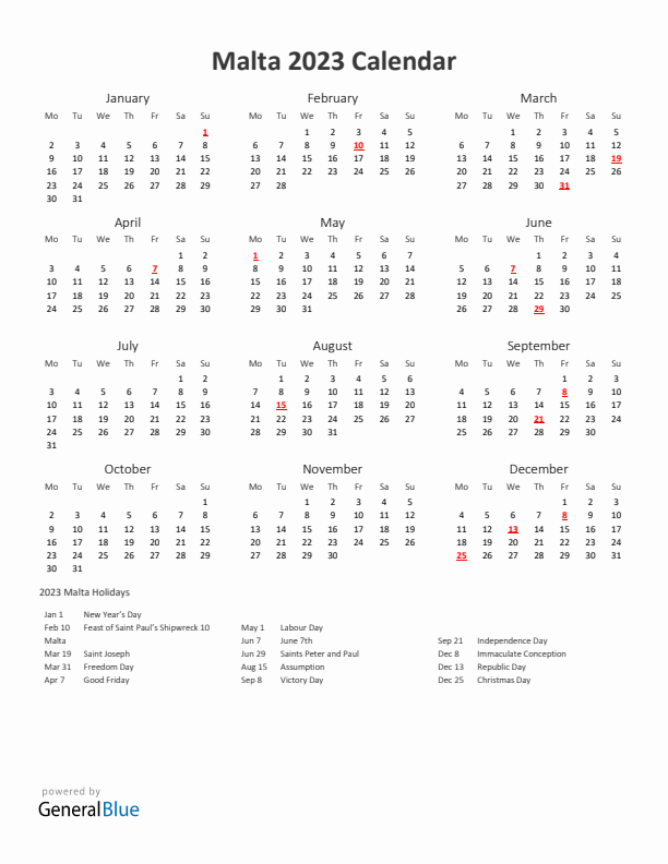 2023 Yearly Calendar Printable With Malta Holidays