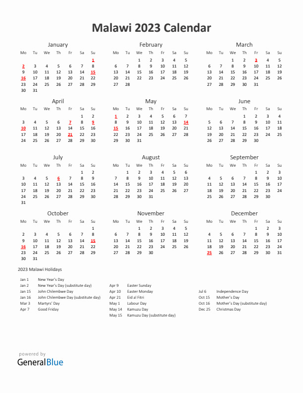 2023 Yearly Calendar Printable With Malawi Holidays