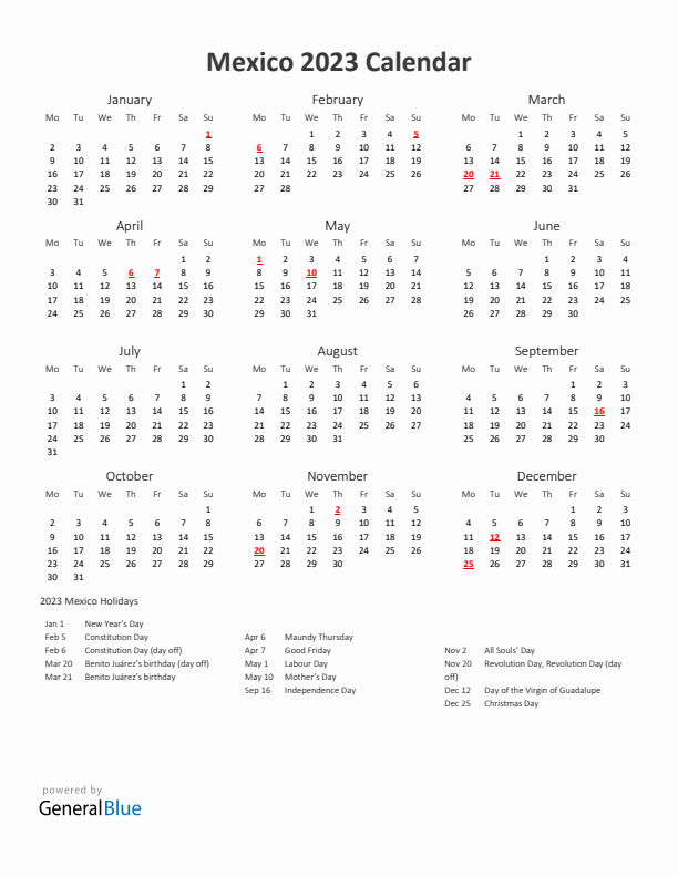 2023 Yearly Calendar Printable With Mexico Holidays