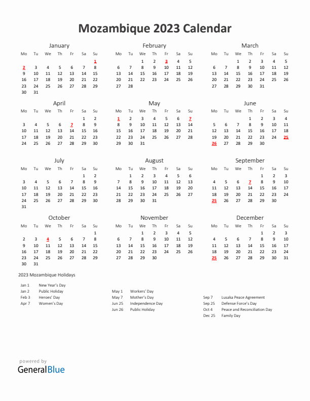 2023 Yearly Calendar Printable With Mozambique Holidays