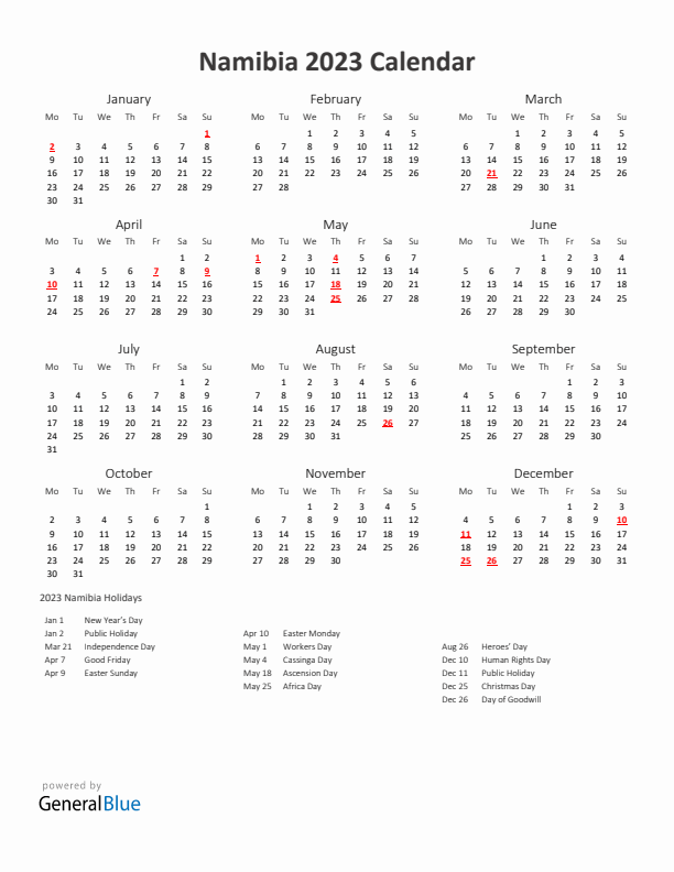 2023 Yearly Calendar Printable With Namibia Holidays