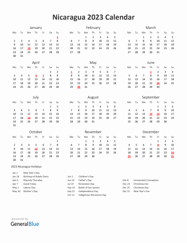 2023 Yearly Calendar Printable With Nicaragua Holidays