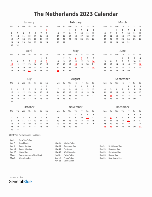 2023 Yearly Calendar Printable With The Netherlands Holidays