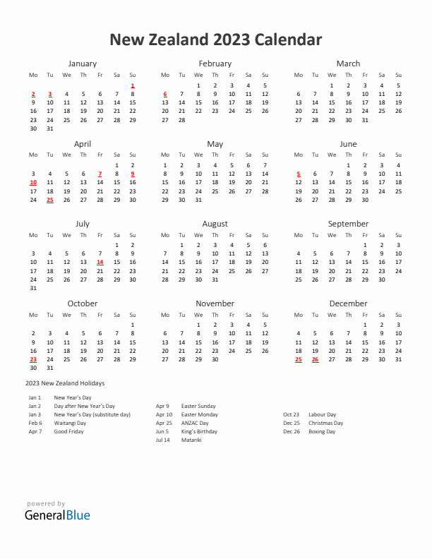 2023 Yearly Calendar Printable With New Zealand Holidays