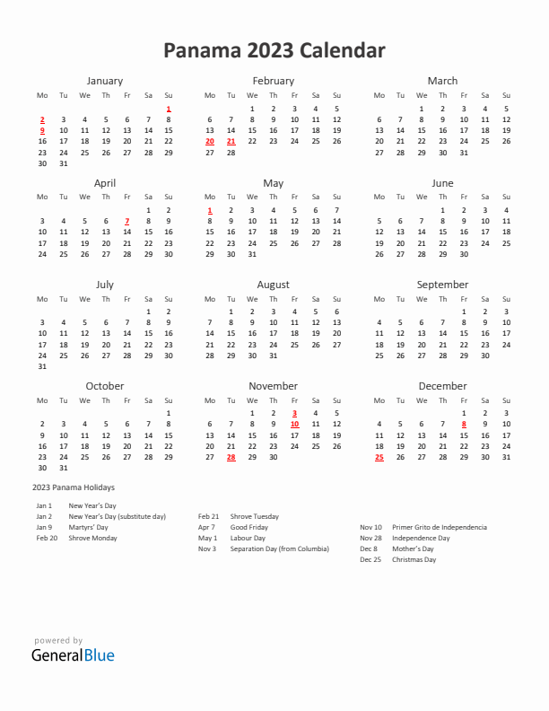 2023 Yearly Calendar Printable With Panama Holidays