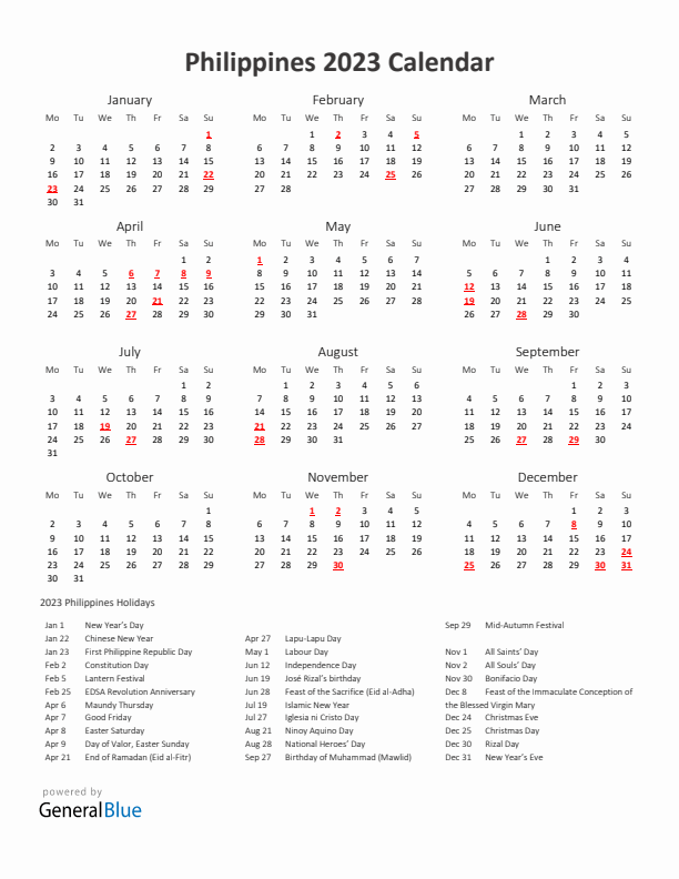 2023 Yearly Calendar Printable With Philippines Holidays