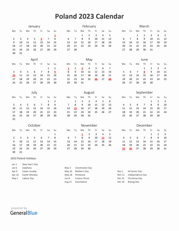 2023 Yearly Calendar Printable With Poland Holidays