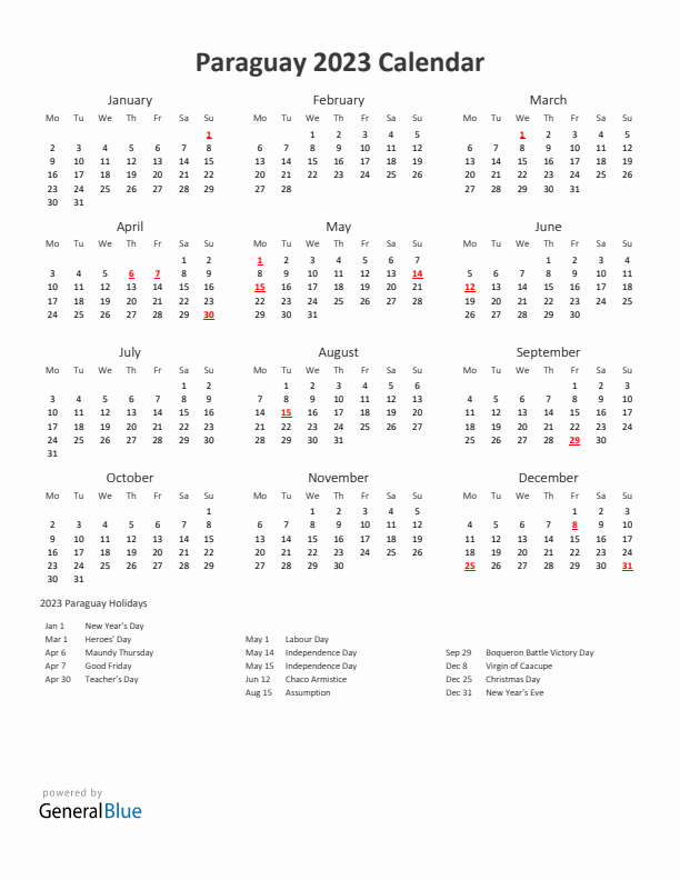 2023 Yearly Calendar Printable With Paraguay Holidays