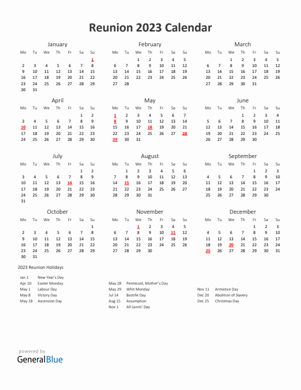 2023 Yearly Calendar Printable With Reunion Holidays