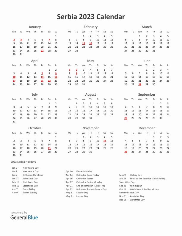 2023 Yearly Calendar Printable With Serbia Holidays