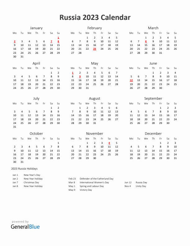 2023 Yearly Calendar Printable With Russia Holidays