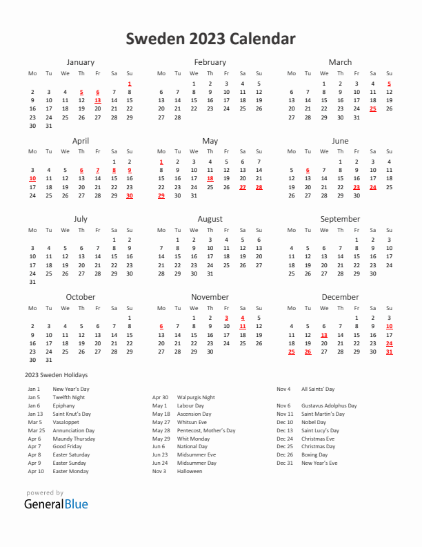 2023 Yearly Calendar Printable With Sweden Holidays