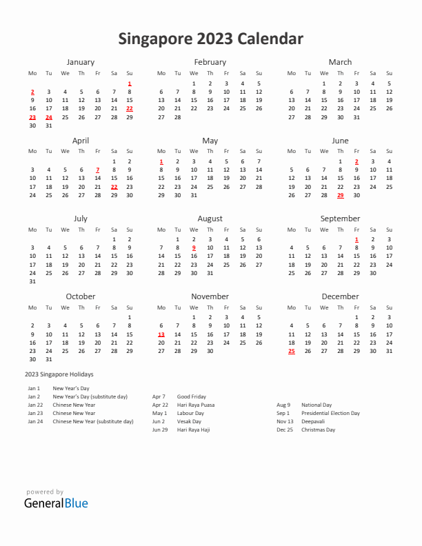 2023 Yearly Calendar Printable With Singapore Holidays