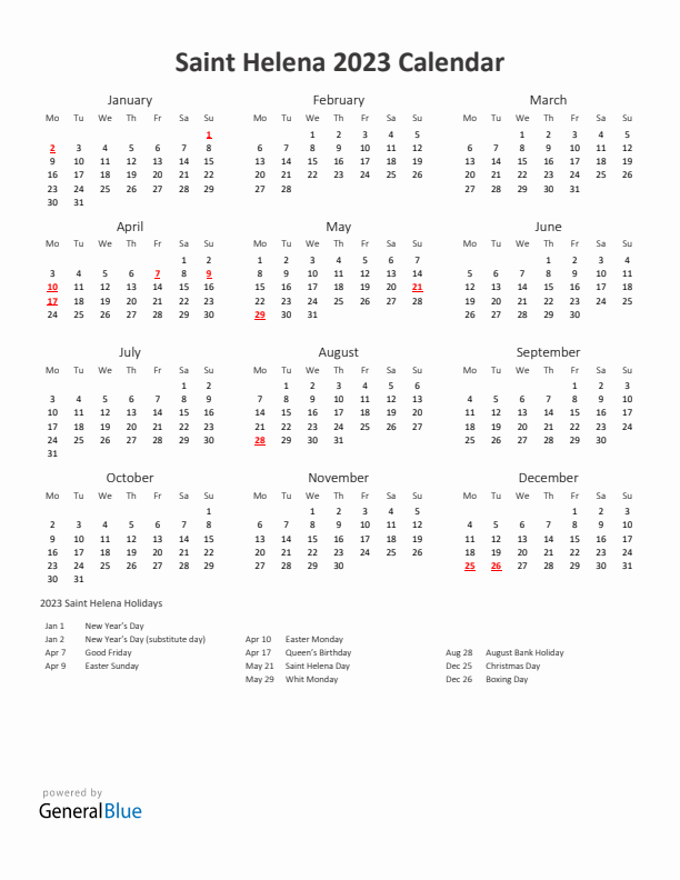 2023 Yearly Calendar Printable With Saint Helena Holidays